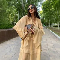 Deep V Neck Bell Sleeve Long Dress European Style Beachwear See Through Big Skirt Hem Lace Trim Ankle Length A Line Dress main image 4