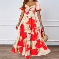 Elegant Floral Print Off-Shoulder Bubble Sleeve Slimming Dress High Waist Ankle-Length A-Line Dress For Summer Commute main image 1