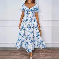 Elegant Floral Print Off-Shoulder Bubble Sleeve Slimming Dress High Waist Ankle-Length A-Line Dress For Summer Commute main image 2