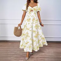 Elegant Floral Print Off-Shoulder Bubble Sleeve Slimming Dress High Waist Ankle-Length A-Line Dress For Summer Commute main image 3