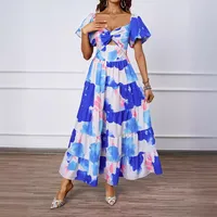 Elegant Floral Print Off-Shoulder Bubble Sleeve Slimming Dress High Waist Ankle-Length A-Line Dress For Summer Commute main image 4