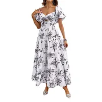 Elegant Floral Print Off-Shoulder Bubble Sleeve Slimming Dress High Waist Ankle-Length A-Line Dress For Summer Commute main image 5