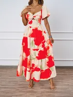Elegant Floral Print Off-Shoulder Bubble Sleeve Slimming Dress High Waist Ankle-Length A-Line Dress For Summer Commute sku image 3