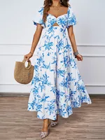 Elegant Floral Print Off-Shoulder Bubble Sleeve Slimming Dress High Waist Ankle-Length A-Line Dress For Summer Commute sku image 8