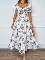Elegant Floral Print Off-Shoulder Bubble Sleeve Slimming Dress High Waist Ankle-Length A-Line Dress For Summer Commute sku image 10