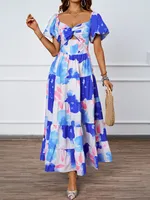 Elegant Floral Print Off-Shoulder Bubble Sleeve Slimming Dress High Waist Ankle-Length A-Line Dress For Summer Commute sku image 16