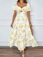 Elegant Floral Print Off-Shoulder Bubble Sleeve Slimming Dress High Waist Ankle-Length A-Line Dress For Summer Commute sku image 17