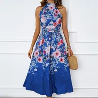 Elegant Floral Print Maxi Dress European Style Summer New Gradient Holiday Neck Hanging Slimming Women's Dress High Waist A-Line Skirt main image 1