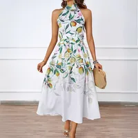 Elegant Floral Print Maxi Dress European Style Summer New Gradient Holiday Neck Hanging Slimming Women's Dress High Waist A-Line Skirt main image 2