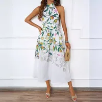 Elegant Floral Print Maxi Dress European Style Summer New Gradient Holiday Neck Hanging Slimming Women's Dress High Waist A-Line Skirt main image 3