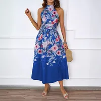 Elegant Floral Print Maxi Dress European Style Summer New Gradient Holiday Neck Hanging Slimming Women's Dress High Waist A-Line Skirt main image 4