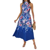 Elegant Floral Print Maxi Dress European Style Summer New Gradient Holiday Neck Hanging Slimming Women's Dress High Waist A-Line Skirt main image 5
