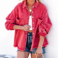 Pure Color Multi-Color Denim Jacket Tear Hole Frayed Hem Ladies Coat Loose Fit Medium Length Polyester Fabric Long Sleeve main image 1