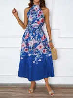Elegant Floral Print Maxi Dress European Style Summer New Gradient Holiday Neck Hanging Slimming Women's Dress High Waist A-Line Skirt sku image 3