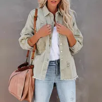 Pure Color Multi-Color Denim Jacket Tear Hole Frayed Hem Ladies Coat Loose Fit Medium Length Polyester Fabric Long Sleeve main image 2