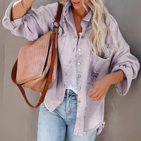 Pure Color Multi-Color Denim Jacket Tear Hole Frayed Hem Ladies Coat Loose Fit Medium Length Polyester Fabric Long Sleeve main image 3
