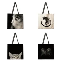 Ladies Black White Cat Print Reusable Shopping Tote Bag Single Shoulder Handbag Polyester Medium Size Fashionable Women Bags main image 1