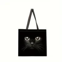 Ladies Black White Cat Print Reusable Shopping Tote Bag Single Shoulder Handbag Polyester Medium Size Fashionable Women Bags main image 3