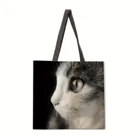 Ladies Black White Cat Print Reusable Shopping Tote Bag Single Shoulder Handbag Polyester Medium Size Fashionable Women Bags main image 4