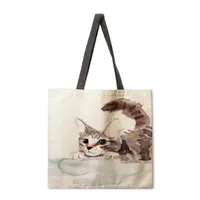 Ladies Reusable Shopping Tote Bag Shoulder Handbag Painted Cat Design Polyester Medium Size Fashionable Eco-Friendly Bag sku image 5