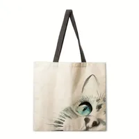 Ladies Black White Cat Print Reusable Shopping Tote Bag Single Shoulder Handbag Polyester Medium Size Fashionable Women Bags sku image 1