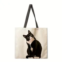 Ladies Black White Cat Print Reusable Shopping Tote Bag Single Shoulder Handbag Polyester Medium Size Fashionable Women Bags sku image 2