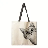 Ladies Black White Cat Print Reusable Shopping Tote Bag Single Shoulder Handbag Polyester Medium Size Fashionable Women Bags sku image 4