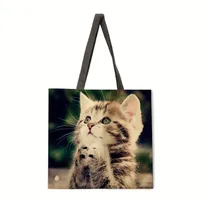 Ladies Black White Cat Print Reusable Shopping Tote Bag Single Shoulder Handbag Polyester Medium Size Fashionable Women Bags sku image 5