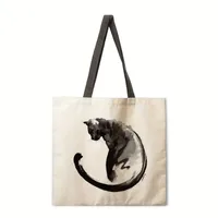 Ladies Black White Cat Print Reusable Shopping Tote Bag Single Shoulder Handbag Polyester Medium Size Fashionable Women Bags sku image 6