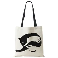 Ladies Black White Cat Print Reusable Shopping Tote Bag Single Shoulder Handbag Polyester Medium Size Fashionable Women Bags sku image 10