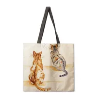 Ladies Reusable Shopping Tote Bag Shoulder Handbag Painted Cat Design Polyester Medium Size Fashionable Eco-Friendly Bag sku image 10