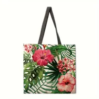 Ladies Green Plant Print Reusable Shopping Tote Bag Shoulder Handbag Polyester Medium Size Fashionable Eco-Friendly Bag sku image 10