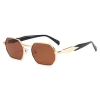 New Fashionable Retro Multilateral Metal Frame Adult Sunglasses Unisex Sun Protection Shades Business Simple Style Gold Black sku image 3