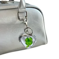 New Ins Lucky Four Leaf Clover Heart Shaped Mirror Keychain Y2K Niche Bag Charm High End Accessory Makeup Metal Pendant main image 5