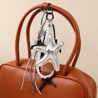 New Sweet Exquisite Glitter Leather Silver Star Keychain Miu Series Pearl Chain Bag Pendant Personalized Design PU Material main image 2