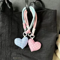 Nylon Fabric Heart Shaped Keychain Small Hanging Ornament Mobile Phone Chain Girl's Heart Rope Accessory Checkered Pattern main image 1