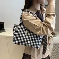 Trendy Canvas Grid Fresh Artistic Campus Large Capacity Fashionable Commuter Single Shoulder Handbag Women's Bag Summer main image 4