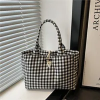 Trendy Canvas Grid Fresh Artistic Campus Large Capacity Fashionable Commuter Single Shoulder Handbag Women's Bag Summer sku image 1