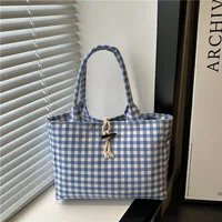 Trendy Canvas Grid Fresh Artistic Campus Large Capacity Fashionable Commuter Single Shoulder Handbag Women's Bag Summer sku image 2