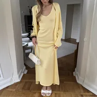 Women's Soft Knitted Hollow Out Vest Long Dress + Long Sleeve Open Cardigan Set Casual Style Round Neckline Ice Cream Color main image 1