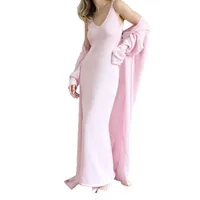 Women's Soft Knitted Hollow Out Vest Long Dress + Long Sleeve Open Cardigan Set Casual Style Round Neckline Ice Cream Color main image 5