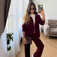 Red Knitted Cashmere Imitation Sweater Set With Zipper Top Wide Leg Pants Casual Women Fashion Set Long Sleeve Solid Color main image 1