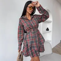 Fashionable Casual Plaid Skirt Set Women's Loose Collar Shirt Waist Cinched Mini Dress Two Piece Set Long Sleeve New Style main image 1