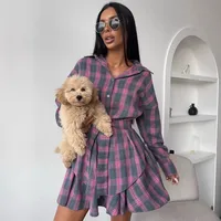 Fashionable Casual Plaid Skirt Set Women's Loose Collar Shirt Waist Cinched Mini Dress Two Piece Set Long Sleeve New Style main image 4