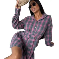 Fashionable Casual Plaid Skirt Set Women's Loose Collar Shirt Waist Cinched Mini Dress Two Piece Set Long Sleeve New Style main image 5
