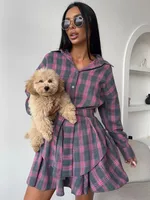 Fashionable Casual Plaid Skirt Set Women's Loose Collar Shirt Waist Cinched Mini Dress Two Piece Set Long Sleeve New Style sku image 5