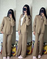 Red Knitted Cashmere Imitation Sweater Set With Zipper Top Wide Leg Pants Casual Women Fashion Set Long Sleeve Solid Color sku image 6