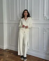 Red Knitted Cashmere Imitation Sweater Set With Zipper Top Wide Leg Pants Casual Women Fashion Set Long Sleeve Solid Color sku image 1