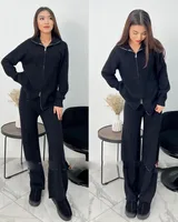 Red Knitted Cashmere Imitation Sweater Set With Zipper Top Wide Leg Pants Casual Women Fashion Set Long Sleeve Solid Color sku image 3
