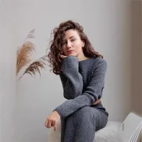 Women's Knitted Sweater And Skirt Set One-Shoulder Elegant Style Long Sleeve Pure Color Casual Fashion Autumn Winter New Arrival main image 2